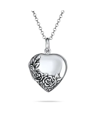 Bling Jewelry Carved Floral Flower Rose Photo Heart Shape Lockets Necklace Pendant That Hold Pictures Oxidized Sterling Silver