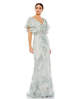Women's Bell Sleeve Floral Embellished Gown