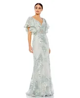 Women's Bell Sleeve Floral Embellished Gown