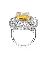 Sterling Silver White Gold Plated with Yellow Rectangle Cubic Zirconia with Cubic Zirconia's Petals Flower Ring