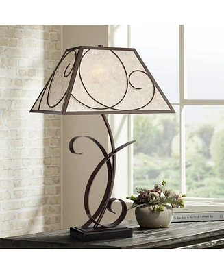 Teri Rustic Farmhouse Table Lamp 27" Tall Vintage like Brown Scroll Metal Light Mica Tapered Rectangular Shade for Bedroom Living Room House Home Beds
