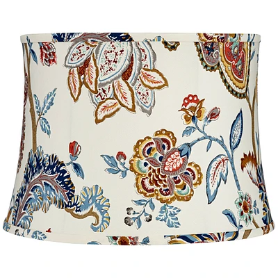 White with Paisley Print Medium Drum Lamp Shade 14" Top x 16" Bottom x 11.5" High (Spider) Replacement with Harp and Finial - Springcrest