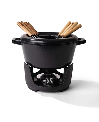 Alva Nori 2 Qt Enameled Cast Iron Fondue Set - Complete with 8 Wooden Forks & Adjustable Burner - Pfoa-Free Cheese, Chocolate & S'mores Pot