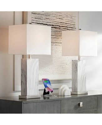 Connie Mid Century Modern Table Lamps 25" High Set of 2 with Usb Charging Port White Faux Marble Rectangular Shade for Living Room Desk Bedroom H