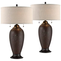 Cody Modern Industrial Rustic Table Lamps 26" High Set of 2 Hammered Oiled Bronze Brown Oatmeal Linen Drum Shade for Living Room Bedroom House Be