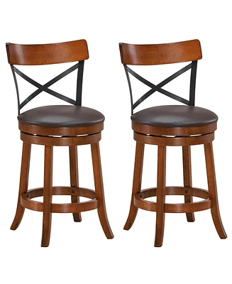 Sugift Set of 2 Bar Stools 360-Degree Swivel Dining Bar Chairs with Rubber Wood Legs