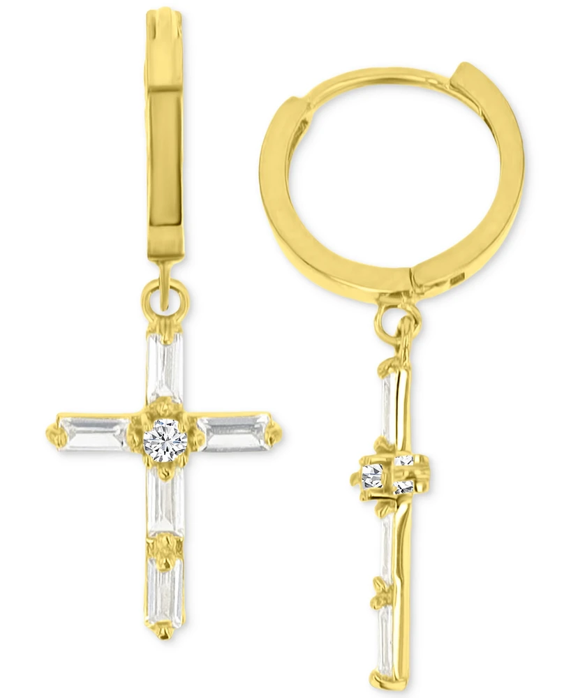 Cubic Zirconia Round & Baguette Cross Dangle Hoop Drop Earrings in 14K Gold