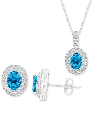 2-Pc. Set Swiss Blue Topaz (3-1/2 ct. t.w.) & Lab-Grown White Sapphire (1-1/10 ct. t.w.) Oval Halo Pendant Necklace & Matching Stud Earrings in Sterli