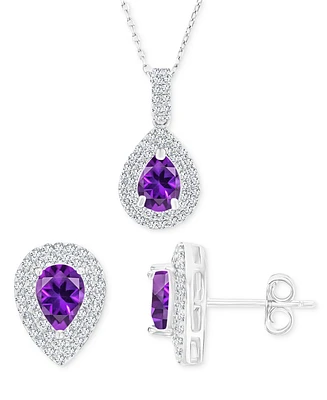 2-Pc. Set Amethyst (1-7/8 ct. t.w.) & Lab-Grown White Sapphire (1 ct. t.w.) Teardrop Halo Pendant Necklace & Matching Stud Earrings in Sterling Silver