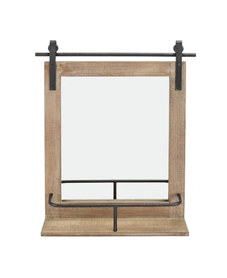Danya B Rustic Industrial Wood-Framed Wall Mount Barn Door Vanity Mirror with Shelf and Iron Hardware