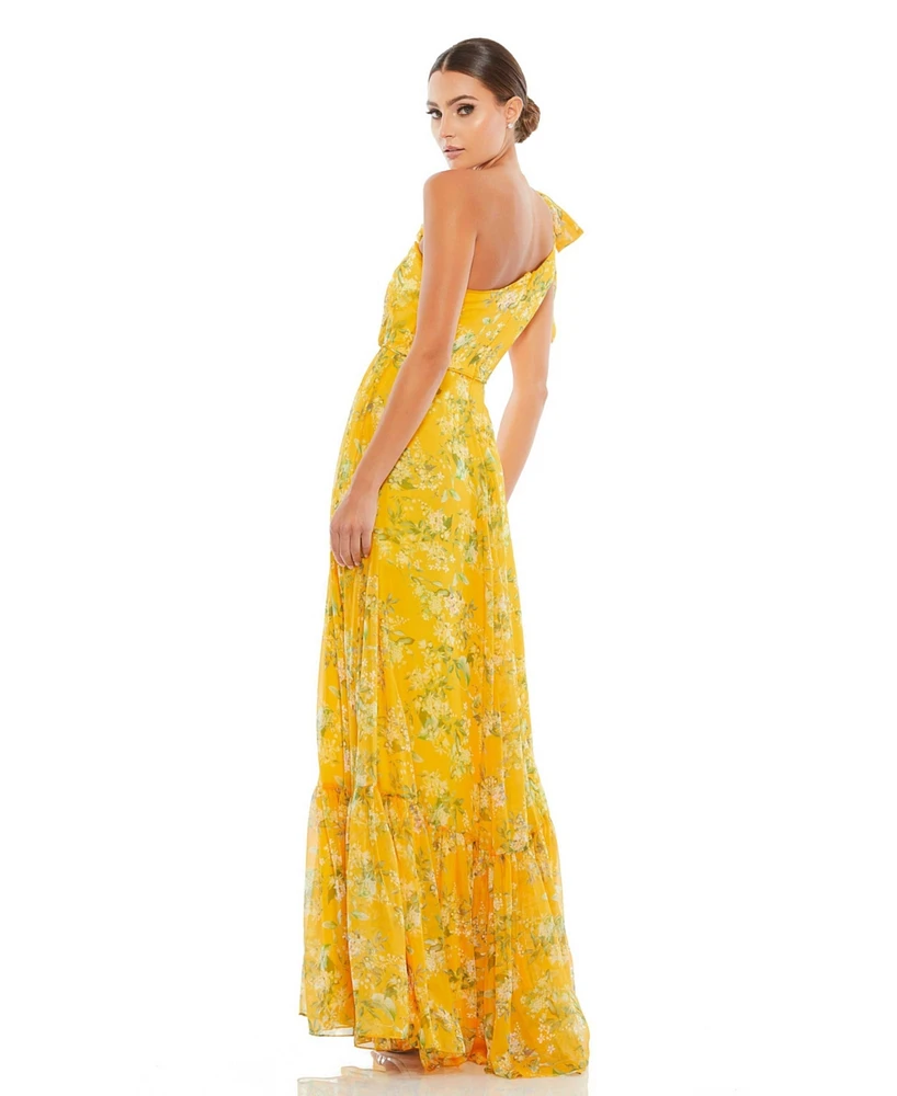 Mac Duggal Women's Ieena Floral One Shoulder Bow Maxi Dress
