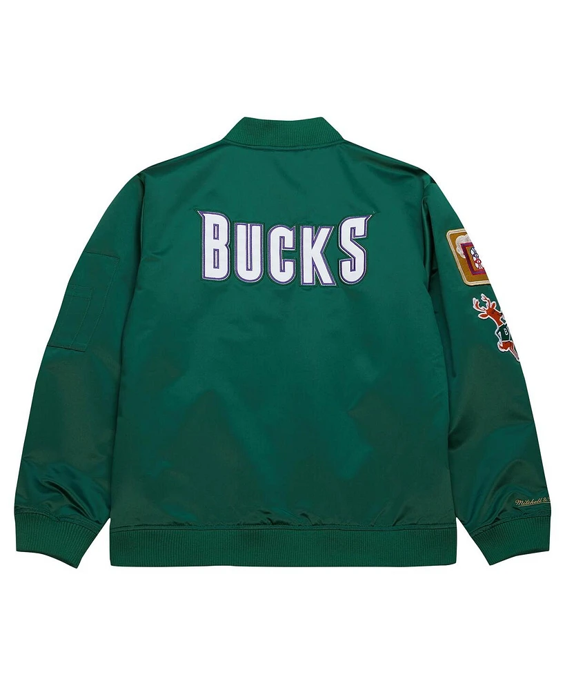 Men's Mitchell & Ness Green Distressed Milwaukee Bucks Hardwood Classics Vintage-Like Logo Full-Zip Bomber Jacket