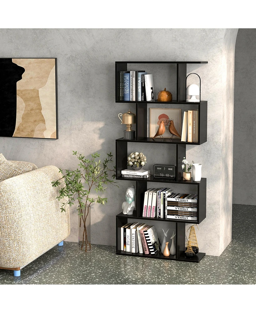 1 Pc 5-Tier Bookshelf Geometric S-Shaped Bookcase Room Divider Storage Display Shelf