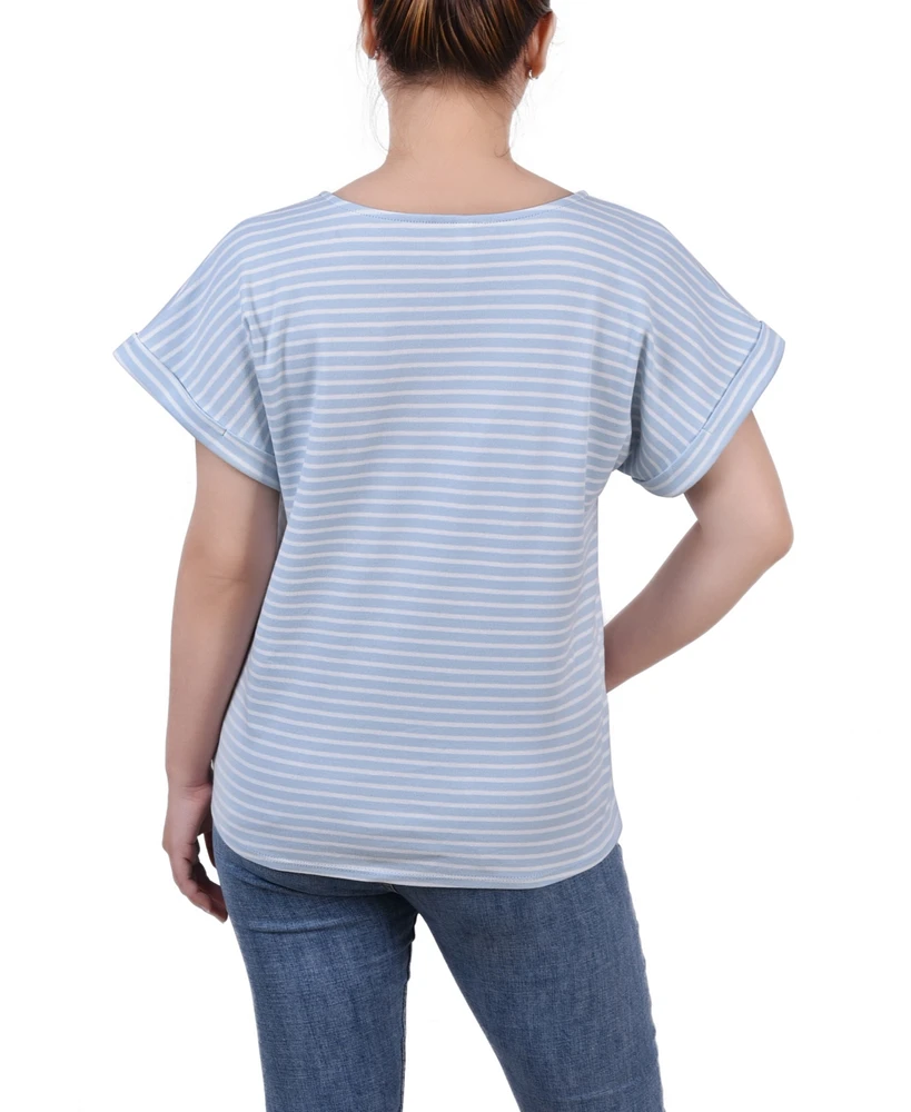Ny Collection Women's Short Sleeve Embroidered Tie Front Top