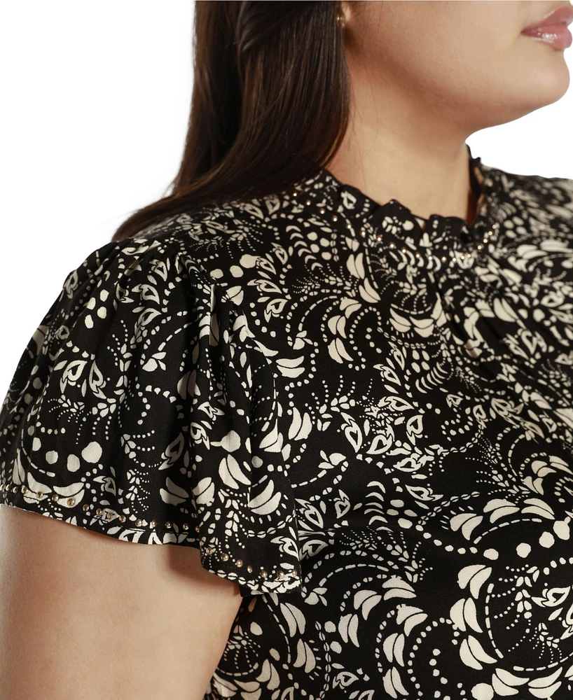 Belldini Black Label Plus Embellished Printed Cap-Sleeve Blouse