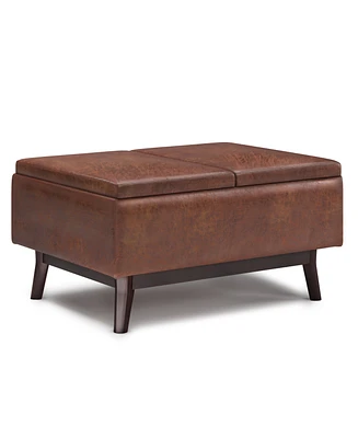 Simpli Home Owen Tray Top Small Coffee Table Storage Ottoman in Distressed Saddle Brown Pu Leather