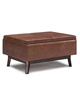Simpli Home Owen Tray Top Small Coffee Table Storage Ottoman in Distressed Saddle Brown Pu Leather
