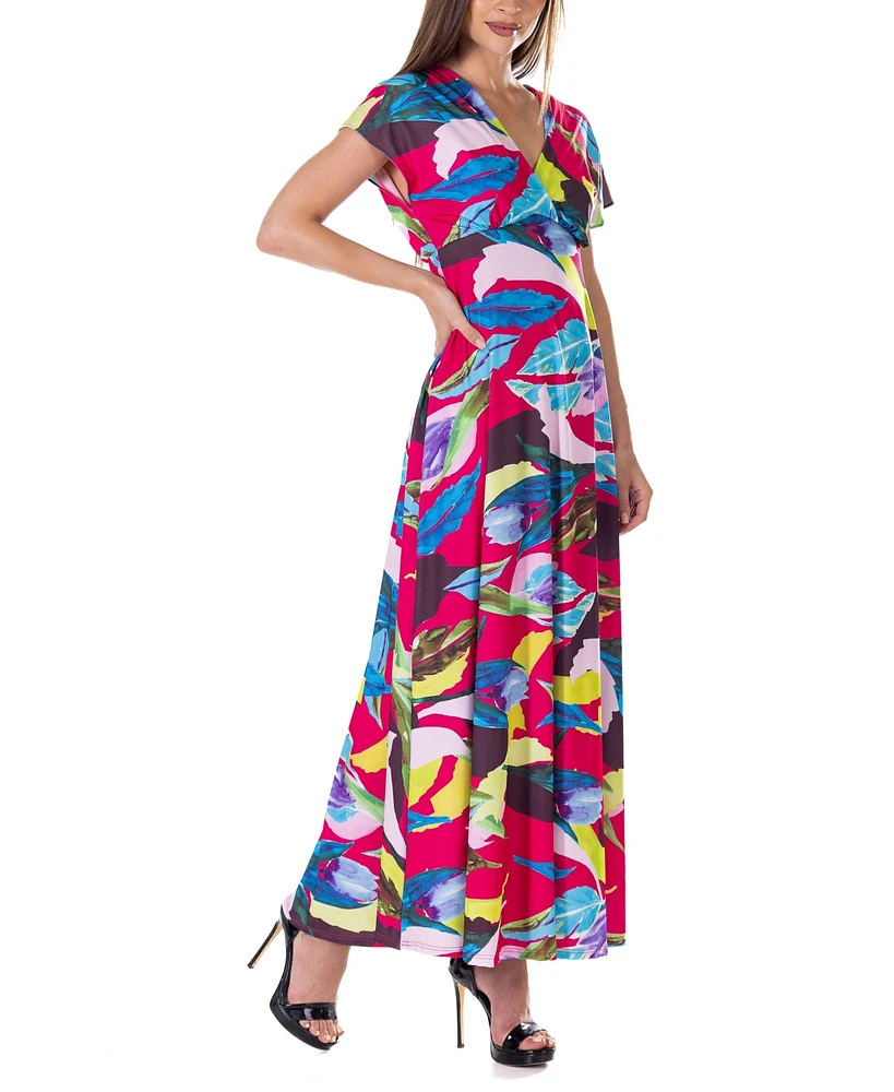 24seven Comfort Apparel Print V Neck Empire Waist Kimono Cap Sleeve Maxi Dress