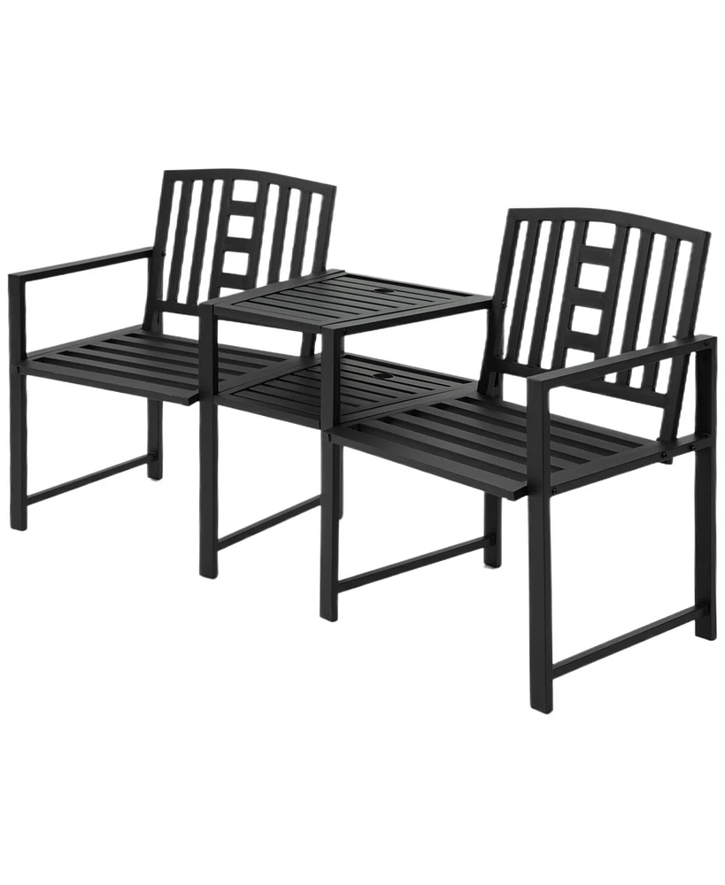 Outsunny Metal Garden Bench with Center Table and Umbrella Hole