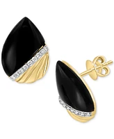 Effy Onyx & Diamond (1/10 ct. t.w.) Pear-Shaped Ridged Stud Earrings in 14k Gold