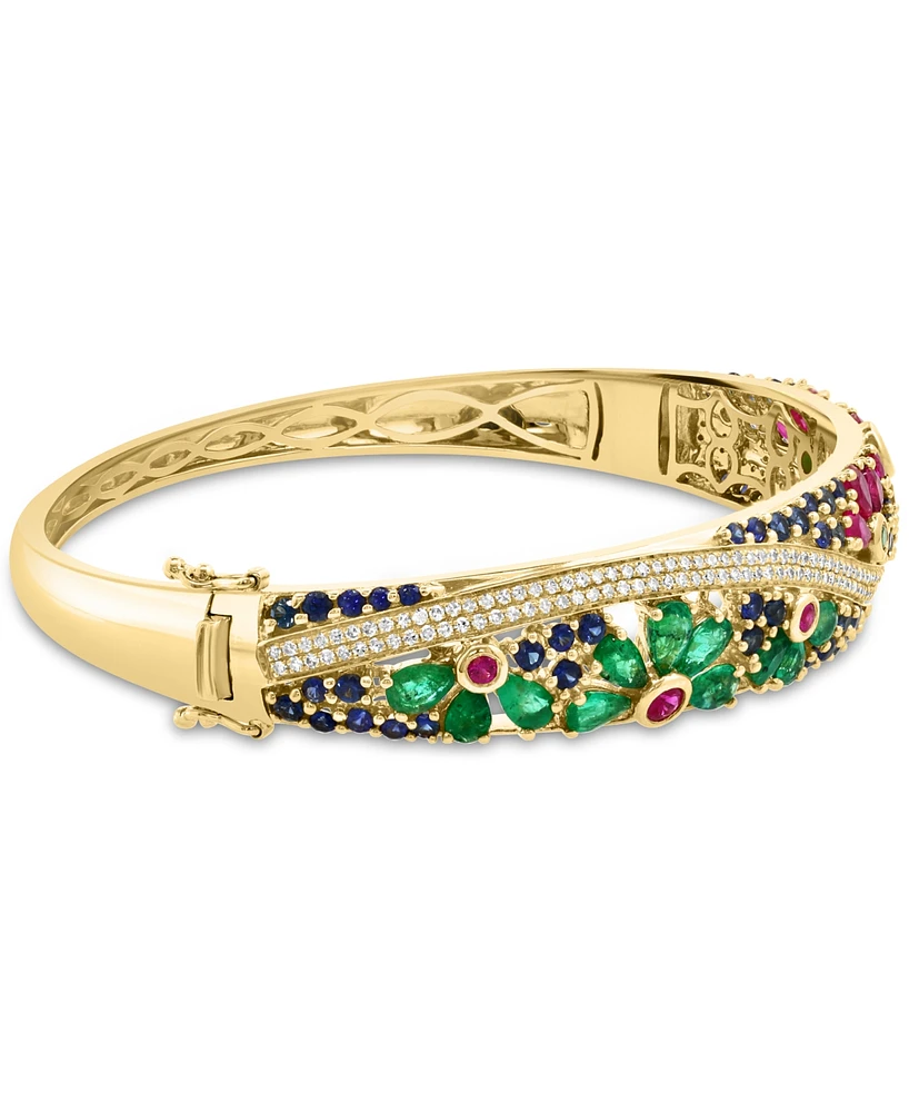 Effy Multi-Gemstone (7-1/3 ct. t.w.) & Diamond (5/8 ct. t.w.) Flower Scape Bangle Bracelet in 14k Gold