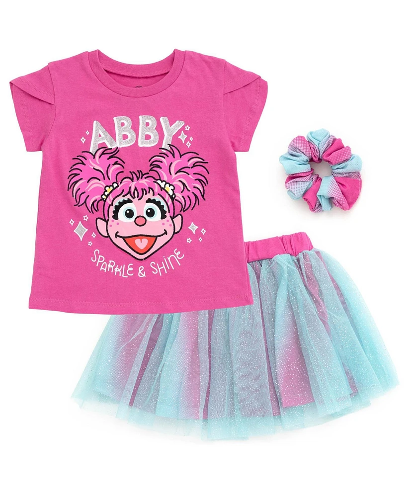 Sesame Street Baby Girls Elmo Abby Cadabby T-Shirt Tulle Skirt and Scrunchie 3 Piece Outfit Set to