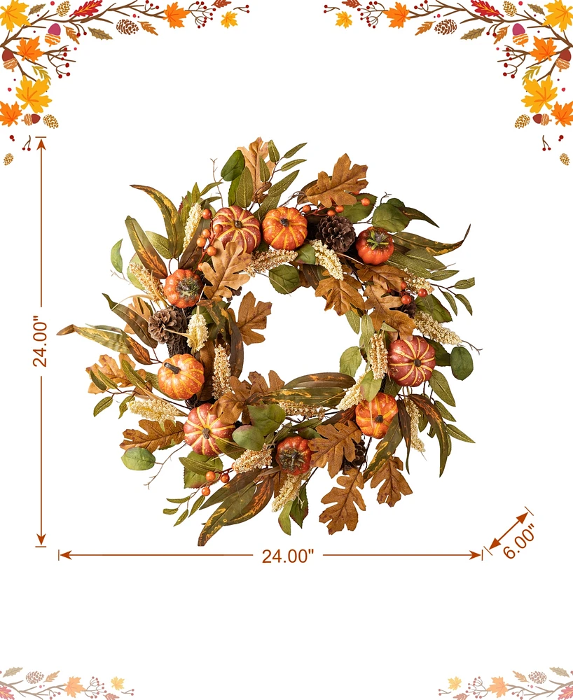 Glitzhome 24"D Fall Pumpkin Leaf Floral Wreath
