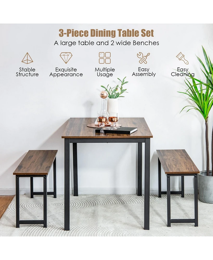 Sugift 3 Pieces Dining Table Set with 2 Benches for Dining Room Kitchen Bar
