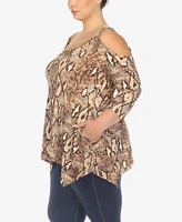 White Mark Plus Snake Print Cold Shoulder Tunic Top
