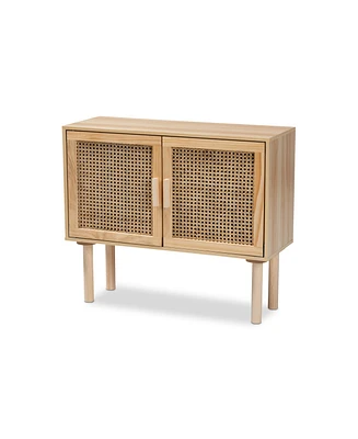 Baxton Studio Maclean Mid-Century Modern Rattan and Natural Brown Finished Wood 2-Door Sideboard Buffet