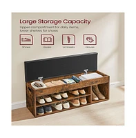 Storage Bench with Cushion Seat and 3 Open Compartments for Entryway or Bedroom