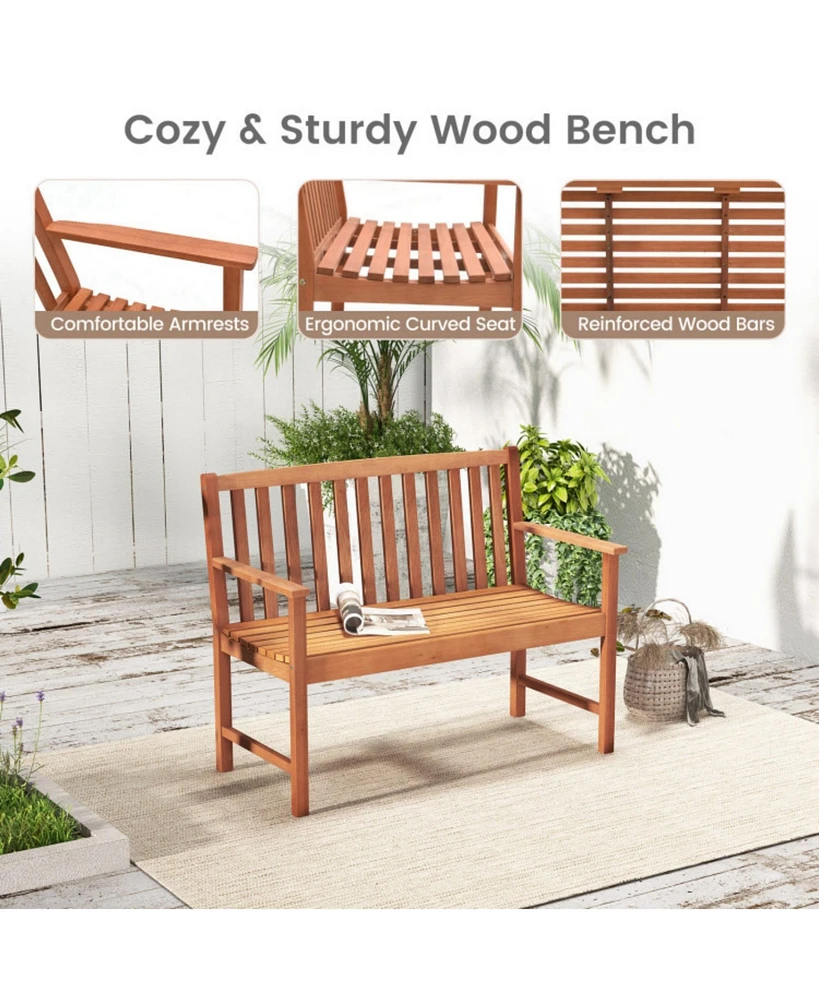 Sugift 2-Seat Patio Wood Bench with Cozy Armrests and Backrest