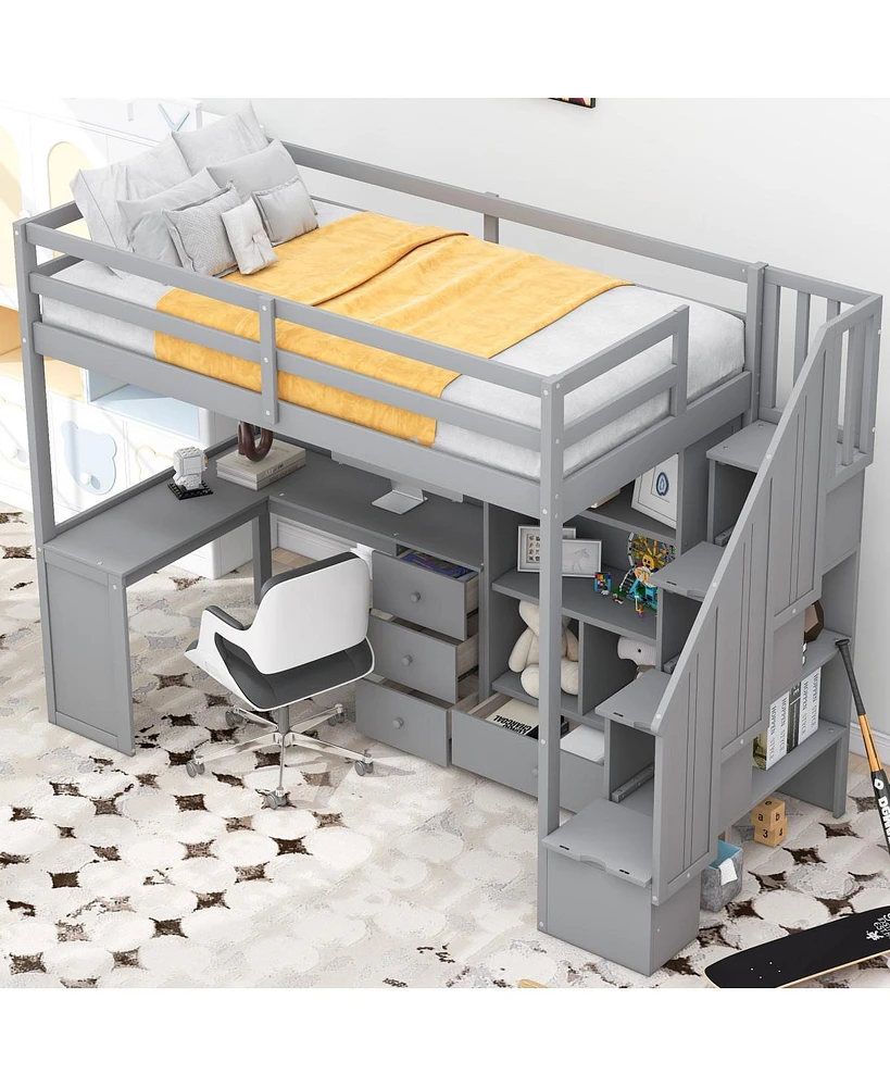 Twin Loft Bed With L-Shaped Desk And Drawers, Cabinet Storage Staircase