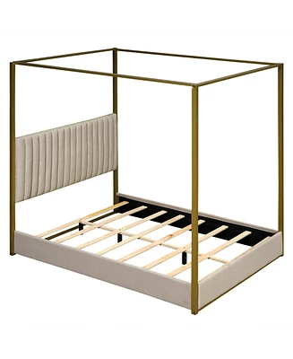 Queen Size Upholstery Canopy Platform Bed With Headboard and Metal Frame