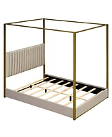 Queen Size Upholstery Canopy Platform Bed With Headboard and Metal Frame