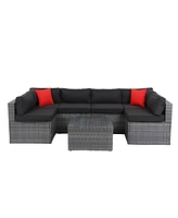 5-Piece Pe Rattan U Sofa Set with Black Cushion