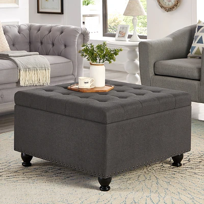 Dark Grey Square Ottoman with Storage, Button Tufted & Nail Trim for Living Room
