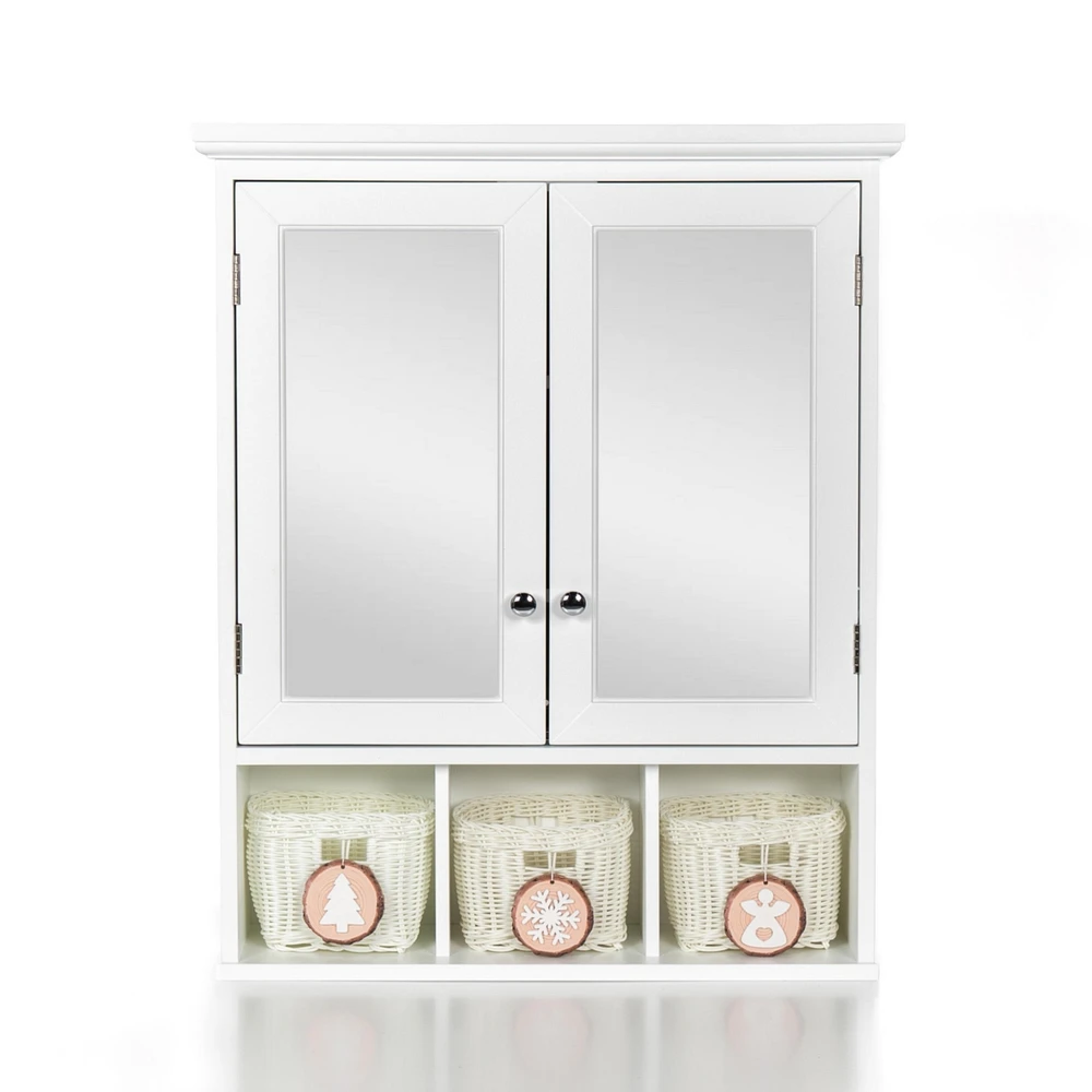 White Wood Wall Cabinet with Mirrored Doors & Storage Baskets