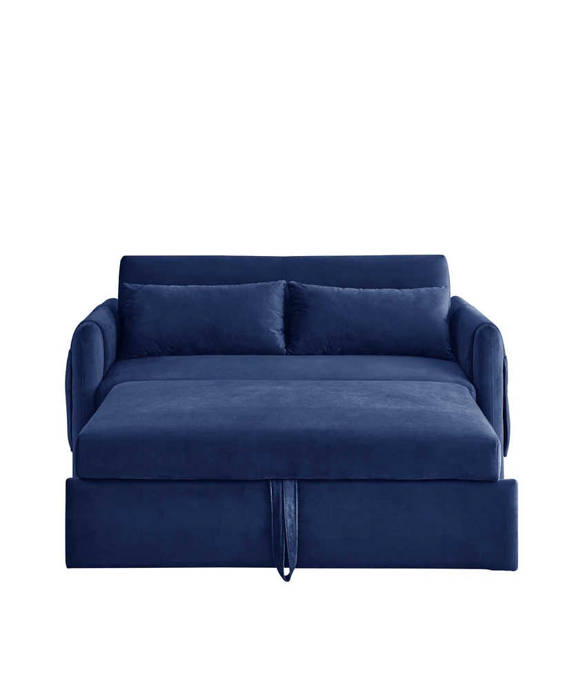 55" Modern Convertible Sofa Bed With 2 Detachable Arm Pockets, Velvet Loveseat Sofa With Pull Out