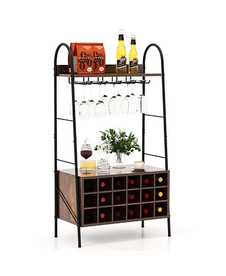 Industrial Rack Freestanding Bottle Holder with Stemware Holder & Open Shelves