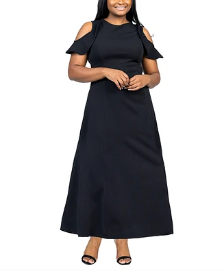 24seven Comfort Apparel Plus Ruffle Cold Shoulder A Line Maxi Dress