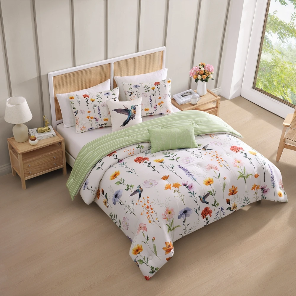 Bebejan Fresh Cut Flowers Bedding 200 Thread Count 100% Cotton Sateen 5 Piece Reversible King Comforter Set