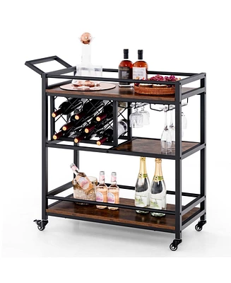 3-tier Bar Cart on Wheels Home Kitchen Serving with Wine Rack & Glass Holder