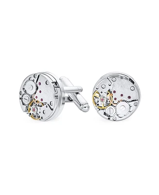 Bling Jewelry Mechanic Steam Moving Gears Wheel Solid Shirt Cufflinks Two Tone Stainless Steel Hinge Bullet Back