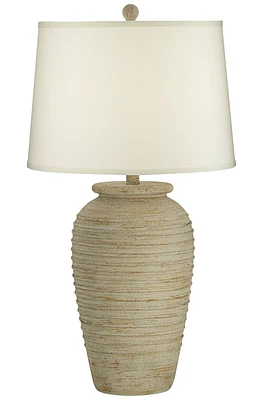Austin Southwest Country Cottage Jug Table Lamp with Usb Charging Port 28" Tall Sand Tone Cream Linen Drum Shade for Living Room Bedroom House Bedside