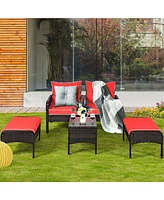 5 Pcs Rattan Wicker Furniture Set Sofa Ottoman W/Brown Cushion Patio Garden Yard