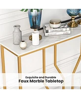 44" Gold Console Table with Faux Marble Tabletop Golden Metal Frame for Entrance
