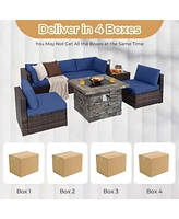 7 Pcs Patio Furniture Set with 50,000 Btu Fire Pit Table Wicker Sofa Cushions