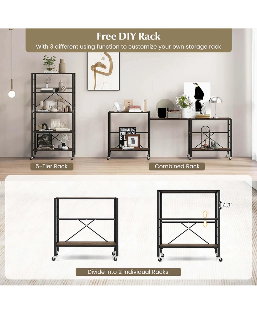 2 Pcs 5-Tier Folding Shelf Free Diy Design Shelving Unit with 4 Universal Wheels