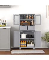Bathroom Floor Storage Cabinet Kitchen Cupboard with 2 Drawers & Glass Doors
